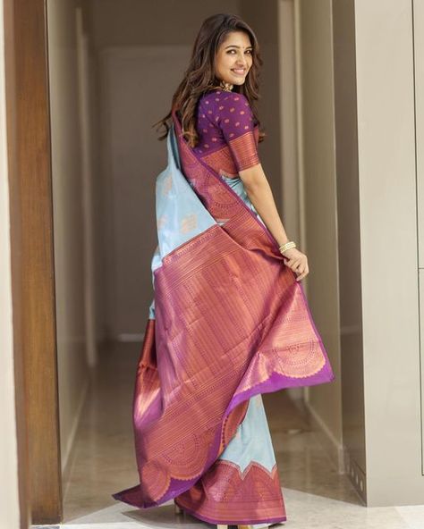 Grand Saree, 1 Minute Saree, Vani Bhojan, Blue Silk Saree, Wedding Saree Collection, Indian Silk Sarees, Saree Shopping, Traditional Attire, Silk Sarees Online