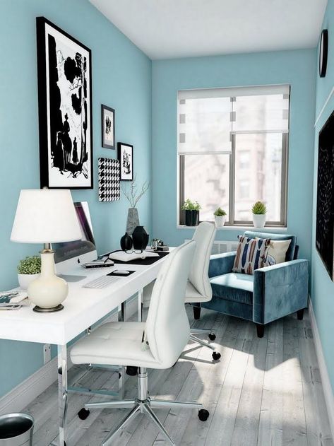 Turquoise Home Office, Reseller Office, White Desk Furniture, Turquoise Office, Teal Office, Studio In Casa, Light Blue Living Room, Blue Home Offices, Office Light