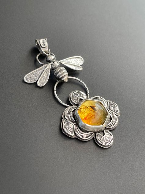 Metalsmith Jewelry, Metal Art Jewelry, Silver Pumpkins, Bezel Jewelry, Metalsmithing Jewelry, Bee Jewelry, Bee Pendant, Amber Pendant, Native Jewelry