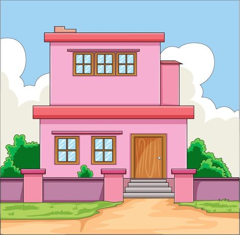 Animated House Drawing, Cute Wallpapers House, House Cartoon Image, Pink House Illustration, Pink House Drawing, Outside House Background, House Drawing With Color, House With Trees Around It, Cartoon House Animation