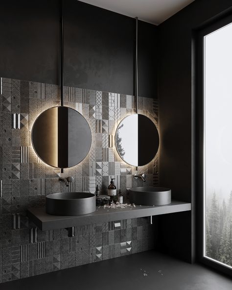 Black Washroom Designs, Black Wall Bathroom Small Spaces, Monochrome Toilet, Modern Black Bathroom Design, Black Basin Bathroom, Black Toilet Bathroom Ideas, Black Washroom, Dark Luxury Bathroom, Black Bathroom Lighting