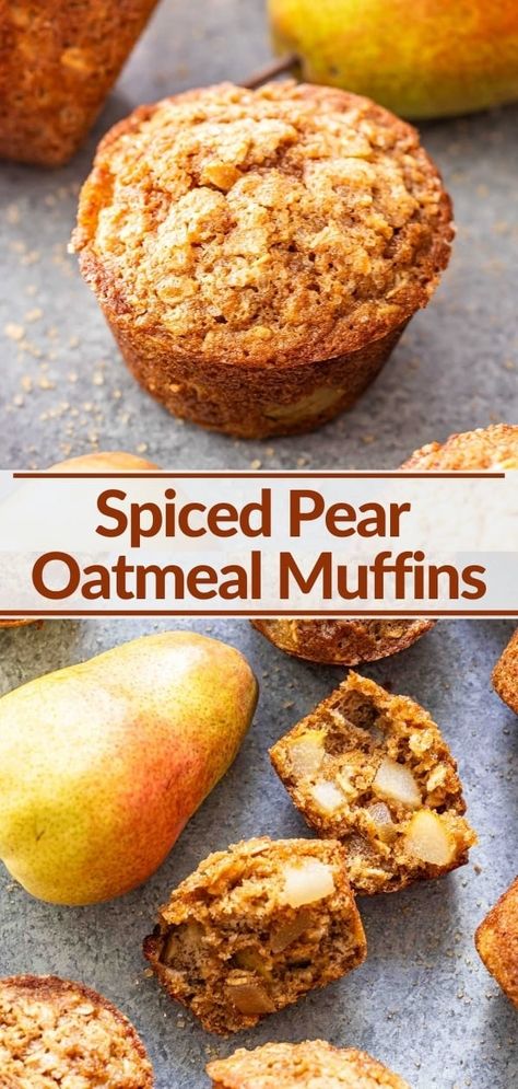 Pear Breakfast Recipes, Pear Breakfast, Runner Recipes, Ginger Oatmeal, Pear Oatmeal, Crystalized Ginger, Recipe Runner, Ginger Muffins, Pear Muffins