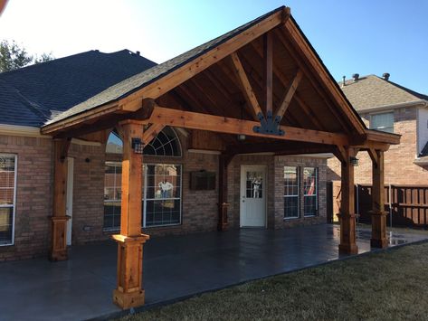 Gable Back Porch Patio, Covered Patios Attached To House Wood, Gable End Porch Cover, Cedar Patio Cover, Cedar Covered Patio, Gable Patio Cover, Cedar Patio, Porch Beams, Open Patio