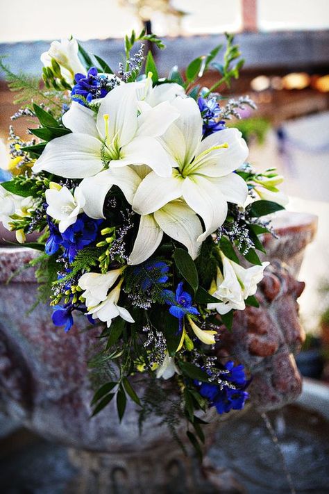 (1) Pinterest • The world’s catalog of ideas Dark Blue Wedding, Diy Bridal Bouquet, Beach Wedding Flowers, Royal Blue Wedding, Blue Wedding Flowers, Prom Flowers, White Wedding Flowers, White Lilies, White Bouquet