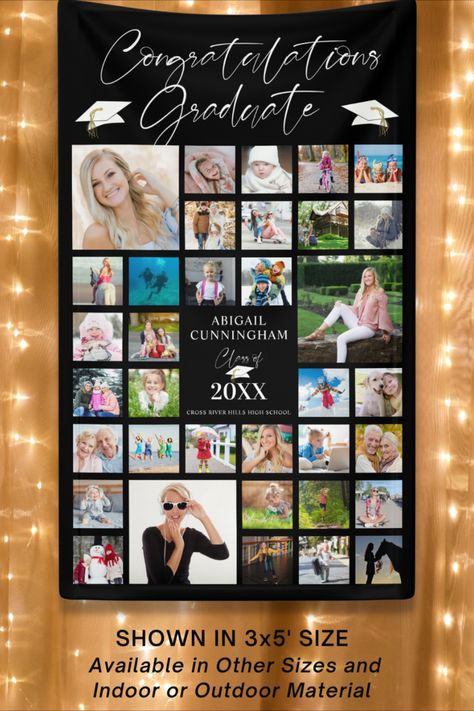 Congratulate and recognize your graduate with 35 pictures through the years with this personalized, custom color photo collage banner sign for everyone to enjoy at the graduation party. The black background color can be changed to a school or party theme color. Graduation Photo Collage, Black Banner, Keepsake Gifts, Cross River, Graduation Photo, Theme Color, Collage Poster, Party Photo, Graduation Photos