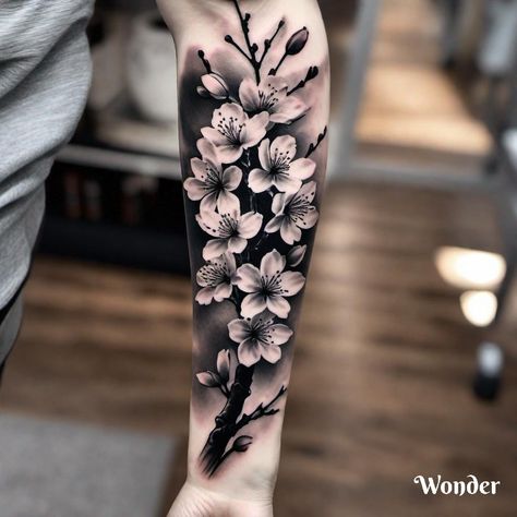 Negative Flower Tattoo, Black And White Flower Tattoo Sleeve, Floral Cover Up Tattoo Forearm, Black And White Flower Tattoo Cover Up, Black And Grey Cherry Blossom Tattoo, Whole Leg Tattoo, Cherry Blossom Hand Tattoo, Black And Grey Floral Tattoo Cover Up, Black And Gray Flower Tattoo Sleeve