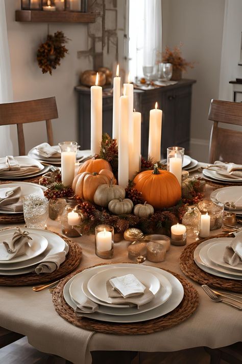 How to Decorate a Round Thanksgiving Table with Simple and Elegant Decor Round Table Scape, Round Dinner Table Decor, Table Decorations Autumn, Centerpieces For Thanksgiving, Simple Table Runner, Modern Thanksgiving Table, Fall Hosting, Thanksgiving Table Centerpieces, Dinner Table Settings