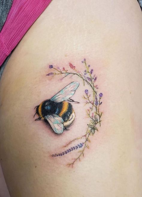 Honey Bee On Flower Tattoo, Honeybee And Flower Tattoo, Flowers Bee Tattoo, Bumble Bee Asleep In Flower, Bumble Bee Tattoo Realistic, Realistic Bumblebee Tattoo, Cross Stitch Tattoos For Women, Bumble Bee And Flower Tattoo, Bee On A Flower Tattoo