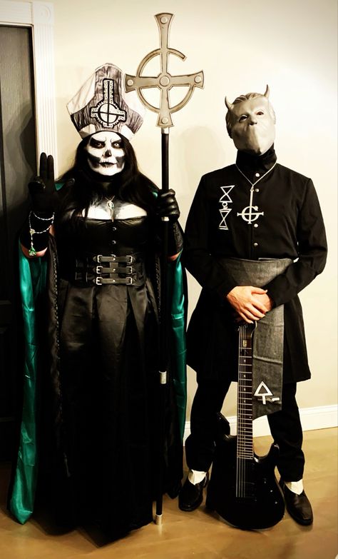 Women’s Ghost costume from the band Ghost. Sisters of sin. IG @herghostsalone Ghost Band Halloween Costume, Ghost Band Sister Of Sin, Ghost Bc Cosplay, Sister Of Sin Cosplay, Ghost Band Costume, Ghost Band Cosplay, Ghost Band Inspired Outfit, Ghost Band Makeup, Ghost Band Outfit