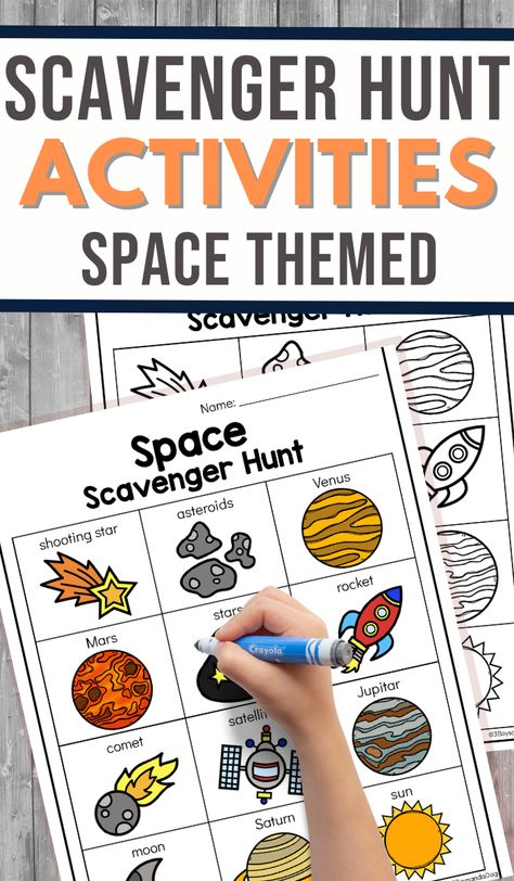 Want to give the kids some out-of-this-world fun? Check out this Space Themed Scavenger Hunt! Use this free printable as a fun way to get the kids excited! Space Themed Family Night, Space Themed Scavenger Hunt, Space Outdoor Activities, Space Reading Activities, Space Printables Free, Outer Space Activities For Preschool, Planet Activities For Preschool, Space Week Activities For Kids, Space Activities For Kindergarten