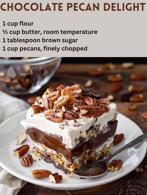 Chocolate Pecan Delight Chocolate Sin Dessert, Pecan Pudding Dessert, Chocolate Delight Recipe Easy, Pecan Delight Dessert, Chocolate Delight Recipe Pecan Crust, Chocolate Pecan Desserts, Decadent Dessert Recipes, Chocolate Pecan Delight 12 Tomatoes, Chocolate Lush Dessert Recipe