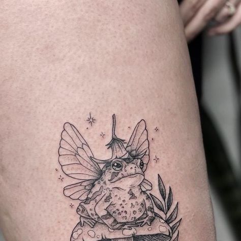 Magic Sleeve Tattoo, Cottagecore Tattoos Sleeve, Fairy Nature Tattoo, Nature Patch Work Sleeve Tattoo, Spring Tattoo Ideas Nature, Strawberry Fairy Tattoo, Cottagecore Chest Tattoo, Cute Toad Tattoo, Fairytale Sleeve Tattoo