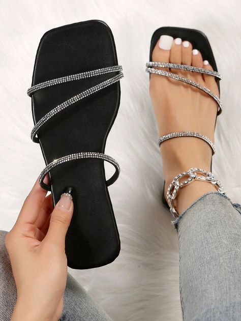 Women Flat Sandals, Black Slides, Flat Slipper, Rhinestone Decor, Suede Flats, Womens Sandals Flat, Thong Sandals, Shoes Fashion, Slide Sandals