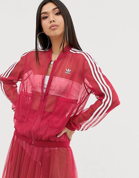 adidas Originals Sleek mesh tulle track jacket in pink Adidas Track Top, Adidas Sleek, Tulle Jacket, Mesh Jacket, Adidas Outfit, Adidas Track, Striped Jacket, Red Adidas, Mode Inspiration