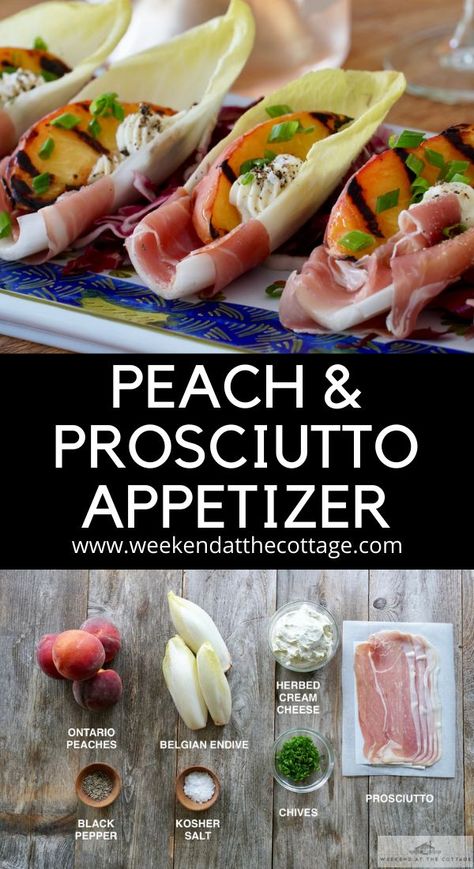 endive with grilled peaches, prosciutto and herbed cheese. Endive Appetizers, Salad Boats, Herbed Cream Cheese, Prosciutto Appetizer, Party Planning Food, Antipasto Appetizer, Endive Recipes, Bbq Party Food, Belgian Endive