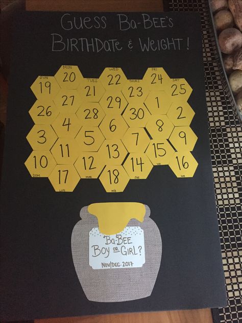 Gender Reveal Board- Bee Theme Who Will It Bee Gender Reveal, Honey Bee Gender Reveal Decorations, Gender Reveal Bee Theme Decorations, Bee Hive Gender Reveal, Bee Theme Gender Reveal Party, Honey Bee Gender Reveal, Parents To Bee, Bee Gender Reveal Party, Diy Party Themes