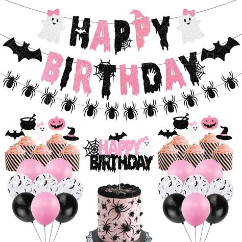 PRICES MAY VARY. 【Halloween Birthday Party Decor】The halloween happy birthday banner set are get everything you need in one set, you will receive 1Pc Halloween“HAPPY BIRTHDAY” banner,1pc spider banner,10pcs Halloween Cupcake Toppers,1Pc Ghost“happy birthday” Cake Topper,25Pcs Latex Balloons (Black,Pink,Bat Balloons), full of halloween design, worth buying it. 【Unique Design for Halloween】This Halloween birthday garland Kit are Unique font design, combined hot halloween elements such as cute ghos Halloween Birthday Decorations, Kids Halloween Birthday Party, Halloween Birthday Party Decorations, Halloween First Birthday, Halloween 1st Birthdays, Birthday Party Packs, Halloween Fest, Halloween Birthday Party, 1st Birthday Party Decorations