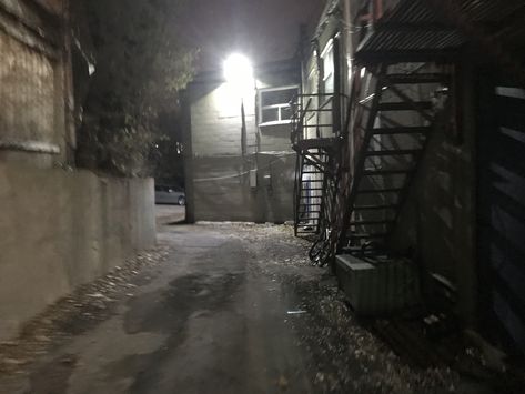 Back Alley, dumpster, night Back Alley Background, Alley Aesthetic, Gloomy City, Background Studies, City Backgrounds, City Alley, Dark Alleyway, Background References, Alley Way