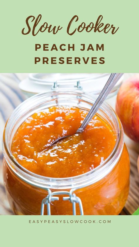 Slow Cooker Peach Jam Preserves Homemade Peach Jam, Jam Preserves, Peach Preserves, Peach Jam, Slow Cook, Cooking For One, Grilled Pork, Easy Peasy, 3 Ingredients