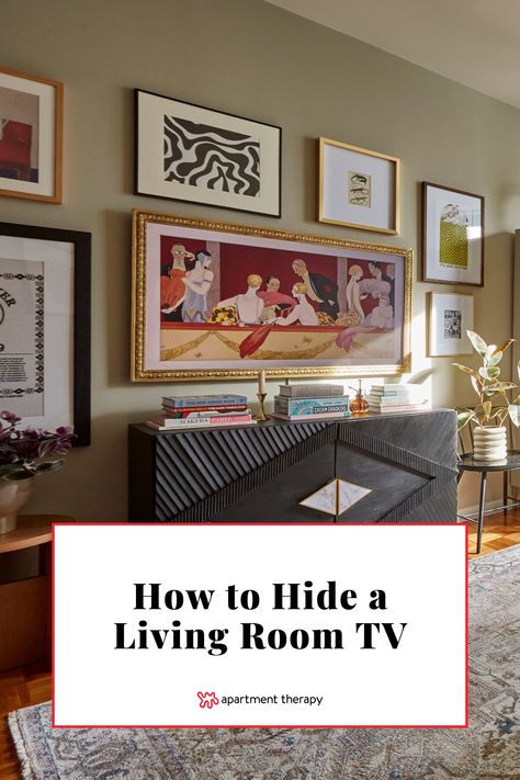 Hidden Tv Living Room Mounted, Tv With Gallery Wall, Large Tv In Living Room, Art To Hide Tv, Canvas Over Tv Hide Tv, Art Behind Tv, Picture Tv Cover Hidden Tv, Art Over Tv, Hiding Tv With Art