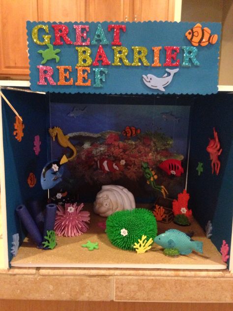 Great Barrier Reef Ecosystem Project- 3rd grade. You may be able to enlarge this picture to line up with the key of the other picture. Ecosystem Diorama, Coral Reef Biome, Ecosystems Diorama, Ecosystem Project, Coral Reef Craft, Diarama Ideas, Aquarium Craft, Ecosystems Projects, Australia Crafts