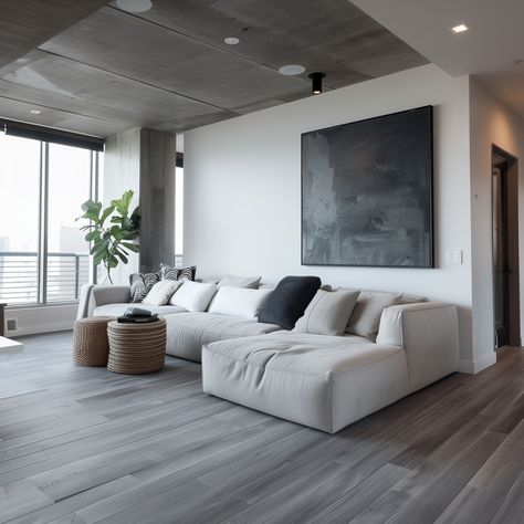 21 Trendy Grey Wood Floor Ideas for Timeless Home Style Gray Vinyl Flooring Living Room, Home Interior Design Grey Floor, Living Room With Dark Grey Floors, Furniture For Gray Floors, House With Grey Floors, Furniture For Grey Flooring, Grey Floor Wall Color Ideas, Grey Lvp Flooring Living Room, Wood And Grey Living Room