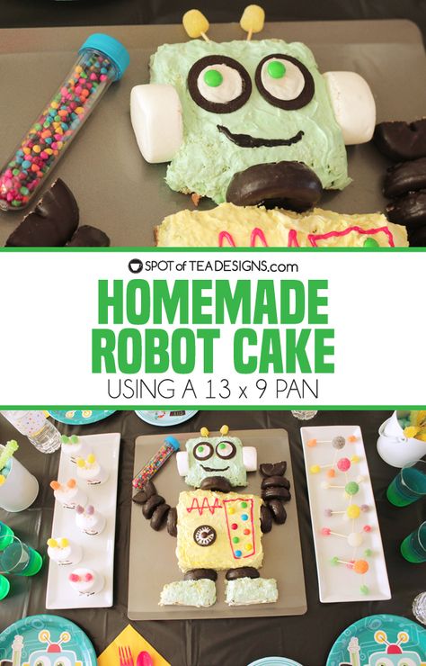 Turn a 13 x 9 sheet cake into a homemade robot cake following this tutorial | spotofteadesigns.com Robot Cakes, Homemade Robot, Future Scientist, Robot Cake, 5th Birthday Cake, Science Birthday, Diy Robot, Pinterest Contest, Tea Design