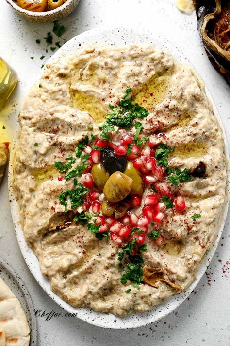 Mutabal Recipe ( Roasted Eggplant Dip) - Chefjar Eggplant Tahini, Eggplant Dip Recipes, Roasted Eggplant Recipes, Vegetarian Starters, Roasted Eggplant Dip, Eggplant Dip, Roasted Eggplant, Roast Eggplant, Garlic Olive Oil