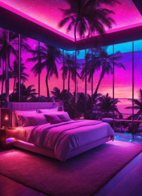 Miami Vice Bedroom Ideas, 80s Vaporwave Room, Vaporwave Aesthetic Bedroom, Lofi Aesthetic Gif, Vaporwave Interior, Vaporwave Bedroom, 80s Tech, Modern Wallpaper Bedroom, Neon Vaporwave