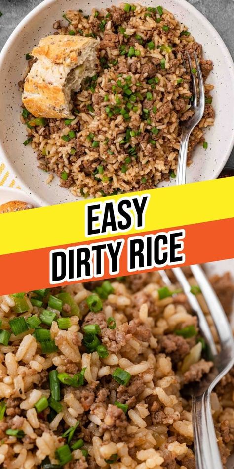 Easy Dirty Rice recipe for the classic Southern favorite! Savory hearty rice filled with ground beef, sausage, veggies, and Cajun flavor! Couscous Ground Beef, Beef And Couscous Recipe, Ground Turkey Dirty Rice, Southern Ground Beef Recipes, Ground Beef Couscous, Easy Dinner With Ground Sausage, Homemade Dirty Rice With Ground Beef, Quinoa And Ground Beef Recipes, Meals With Brown Rice