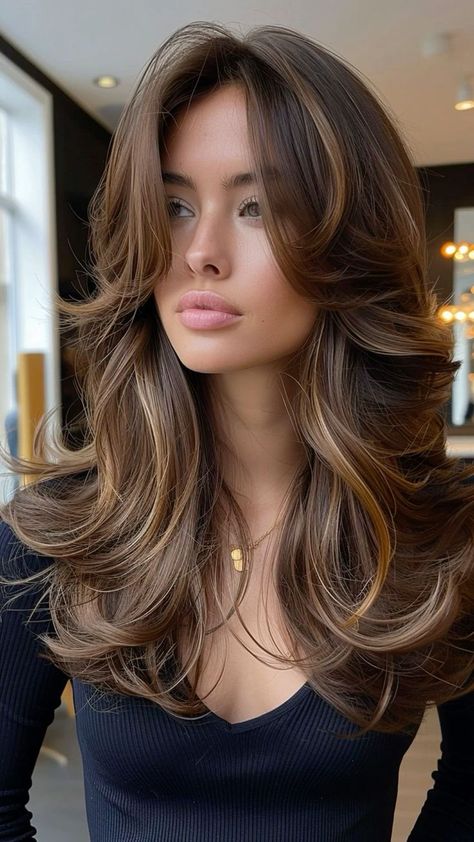 Medium Length Hair With Layers Color Ideas, Haïr Style Middle Hair, Victoria’s Secret Blowout, Bouncy Layered Haircut, Curved Bangs Long Hair, Chic Haircut Medium, Hairstyles Trend 2024 Women, Haïr Cuts For Wavy Hair Girl, Blowout Wavy Hair