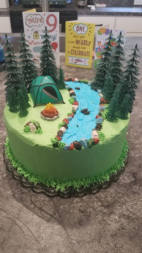 Outdoor Cake Decorating Ideas, Outdoor Cake Ideas, Outdoor Birthday Cake, Camping Party Cake, Birthday Cake 7 Boy, Outdoors Cake, Landscape Cake, Camp Birthday Cake, Adventure Birthday Cake