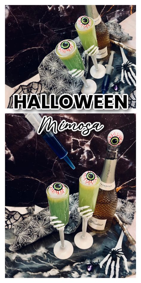 Halloween Mimosa Halloween Mimosa Bar, Halloween Themed Brunch, Halloween Mimosas, Halloween Alcohol, Dip Recipes Appetizers, Ice Cream Drinks, Michelada, Halloween Cocktails, Drinks Alcohol