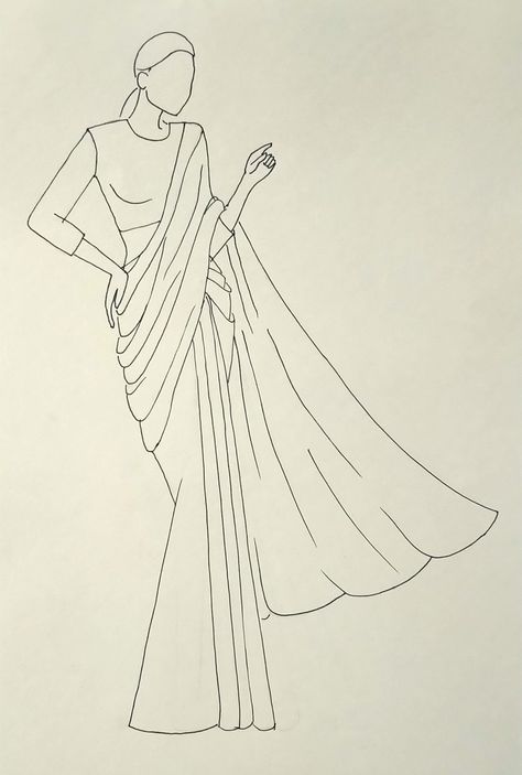 Sari Illustration Indian, Saree Outline Sketch, Sari Illustration Sketch, Saree Croquis, Dress Designs Drawing Simple, Saree Sketches Fashion Illustration, Sari Sketch, Saree Drawing Sketches, Saree Illustration Sketch