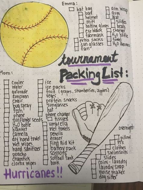 Softball Tournament Packing List Softball Camp Ideas, Team Bonding Activities Softball, Things You Need For Softball, Softball All Star Ideas, Softball Tournament Snacks, Softball Equipment List, Softball Tournament Packing List, Travel Softball Must Haves, Softball Lineup Board Diy