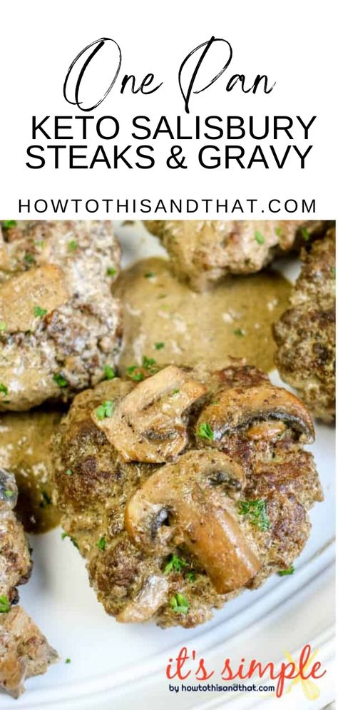 One Pan Keto Salisbury Steaks & Gravy prepared in the skillet- a quick meal with a 10-minute prep and 15-minute cook time. Have dinner on the table in under 30 minutes. Those are the best kinds of meals for busy weeknights. And it's a low carb Salisbury steak and gravy recipe that you don't have to feel guilty about eating! For this recipe, we use traditional beef mushroom gravy. The flavors work really nicely with the beef, and was hearty while still fitting the low carb lifestyle. Beef Mushroom Gravy, Low Carb Salisbury Steak, Salisbury Steak And Gravy, Salisbury Steak Gravy, Steak And Gravy Recipe, Quick Beef Recipes, Salisbury Steaks, Steak And Gravy, Homemade Salisbury Steak