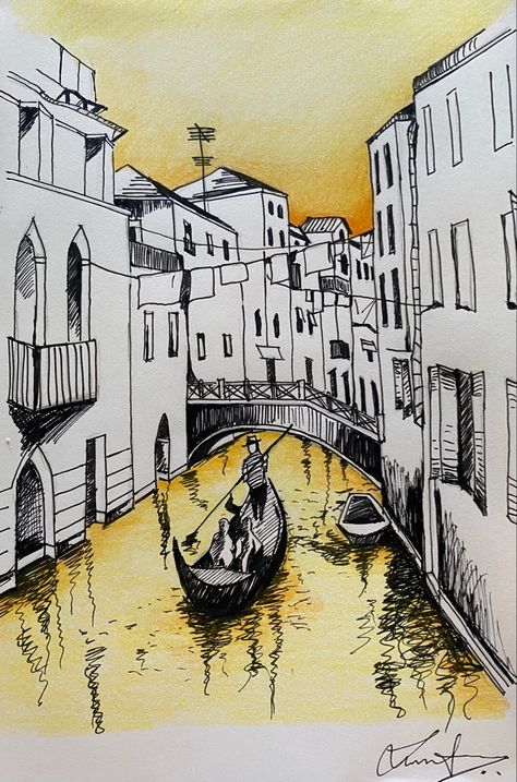 Venice Sketch, Venice Gondola Ride, Sketchbooks Inspiration, Igcse Art, Venice Gondola, Watercolour Ideas, Gondola Ride, Boho Art Drawings, Relaxing Yoga