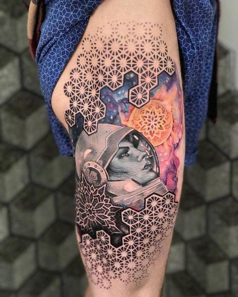 Astronaut, geometric tattoo – Cory Ferguson – December, 2017 – PAIN Magazine Shoulder Piece Tattoo, Mandala Sacred Geometry, Lion Mandala, H Tattoo, Tattoo Lion, Geometric Sleeve Tattoo, Sacred Geometry Tattoo, Galaxy Tattoo, Geometry Tattoo