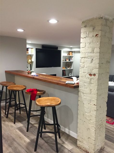 Half wall bar top Kitchen Bar Counter Ideas Half Walls, Half Wall Bar Ideas, Half Wall Countertop Bar, Half Wall Basement Ideas, Pony Wall Bar, Half Wall Basement, Half Wall Bar Top, Bar Room Divider, Half Wall Bar