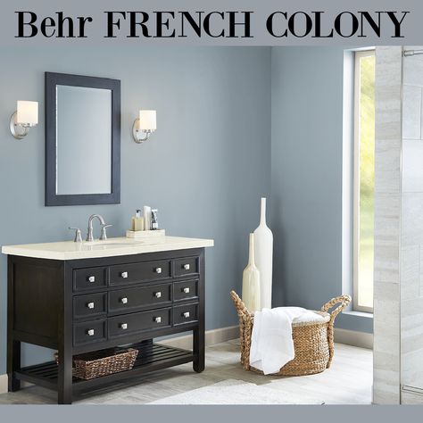 Behr Blue Gray Paint Colors Bedrooms, Behr French Colony Paint, Behr Blue Gray Paint Colors Bedroom, Blue Grey Bathroom Paint, Blue Painted Bathroom Walls, Blue Grey Bathroom Walls, Behr Blue Willow, Slate Blue Bathroom Walls, French Colony Behr