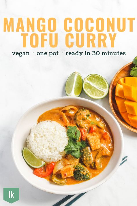 Mango Curry Tofu, Coconut Mango Curry, Summer Curry Recipes, Vegan Mango Curry, Thai Mango Curry, Summer Curry, Vegan Thai Recipes, Mango Tofu, Coconut Tofu