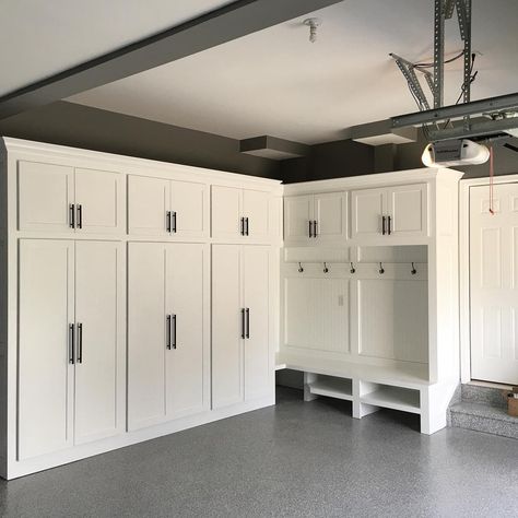 Laundry And Fridge In Garage, Vintage Garage Storage, Ladies Garage Ideas, Basement Cabinets Storage, Wood Garage Cabinets, Floor To Ceiling Garage Cabinets, Garage Work Station Ideas, Garage Turned Into Mudroom, White Garage Cabinets