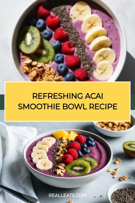 Acai smoothie bowl topped with banana slices, chia seeds, kiwi, blueberries, and granola. Best Acai Bowl Recipe, Homemade Smoothie Bowl, Acai Smoothie Bowl Recipe, Acai Bowl Recipe Easy, Smoothie Bowls Recipe Easy, Bowl Recipes Easy, Protein Smoothie Bowl, Acai Puree, Refreshing Breakfast