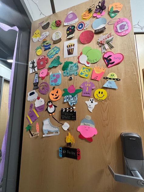 Door Dorm Decorations, Door Deck Ideas Dorm, Ra Door Ideas, Door Dec Ideas, Dorm Door Decor, Dorm Door Signs, Door Decs Ra, Hall Themes, Resident Assistant Door Decs