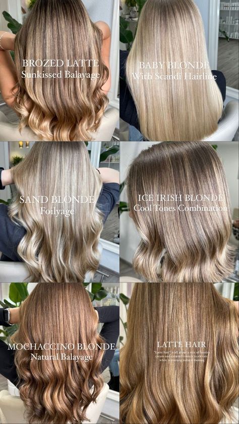 Brown To Beige Balayage, Mocha Blonde Hair Color, Blonde Types Shades Color Charts, Different Type Of Blonde Hair Colors, Lowlights For Blondes Before After, Wheat Blonde Balayage, Soft Autumn Blonde Hair Color, Toner Before And After, Vanilla Latte Blonde Hair