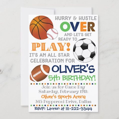 Sports Party Invitation Sport Birthday Sports Sports Party Invitations, Basketball Invitations, Sport Birthday, Free Invitation Cards, Sports Birthday Invitations, Football Invitations, Sports Theme Birthday, Sports Birthday Party, Ball Birthday