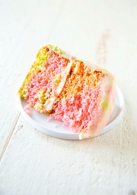 Rainbow Sherbet Layer Cake Sherbet Cake, Betty Crocker Cake Mix, A Slice Of Cake, Swirl Cake, Slice Of Cake, Rainbow Sherbet, Dessert Cake Recipes, Pineapple Upside Down Cake, Summer Dessert Recipes