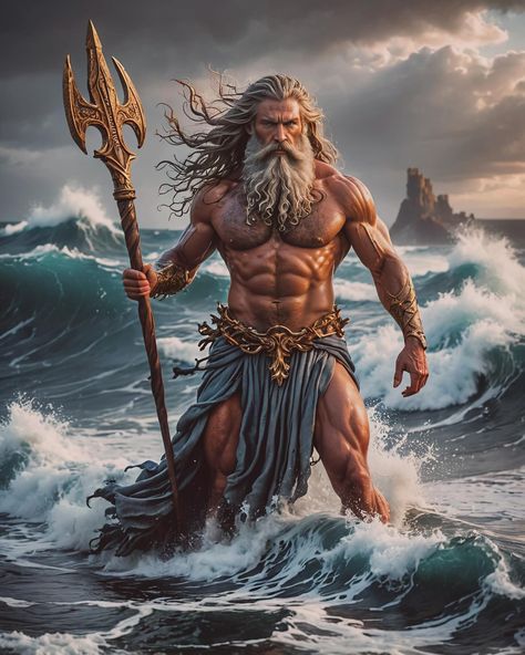 Poseidon is the Greek god of the sea, storms, earthquakes, and horses. Known as the “Earth-Shaker,” he wields a powerful trident that can stir the seas and cause earthquakes. Poseidon is one of the twelve Olympian gods, and he is the brother of Zeus and Hades. Often depicted as a bearded figure riding a chariot drawn by horses, he is both revered and feared for his temperamental and unpredictable nature. #GreekMythology #Poseidon #GodOfTheSea #Mythology #aiart #aiartwork #aiartcommunity #aia... Long White Hair, Fantasy Book Covers, Roman Gods, Fantasy Posters, Legends And Myths, Roman Mythology, Vintage Mermaid, Fantasy Story, Hero Costumes