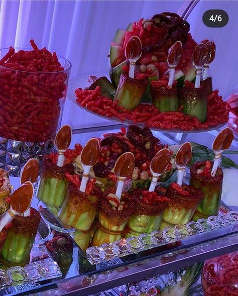 Mexican Dessert Table, Mexican Snack Foods, Party Snack Table, Green Quince, Mexican Treats, Mexican Snacks, Dresses Quince, Quince Decorations, Blue Quince