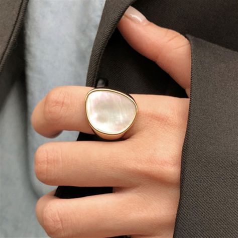 Mother of pearl ring, Chunky ring, White statement ring, Signet ring, Wide thick ring, Energy power ring, Fashion cocktail ring, Ring Gifts by WithHerNYC on Etsy Pearl Statement Ring, Dramatic Wardrobe, Handwritten Gifts, Y2k Rings, Mother Of Pearl Ring, Soft Dramatic, Energy Power, Thick Ring, Power Ring